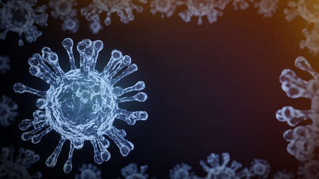 Coronavirus COVID-19 with space for text or insertion. Coronavirus 2019-nCov novel coronavirus concept resposible for SARS-CoV-2 outbreak. Microscope virus close up. 3d rendering.の写真素材