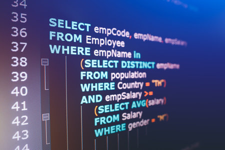 SQL (Structured Query Language) code on computer monitor. Example of SQL code to query data from a database.の写真素材