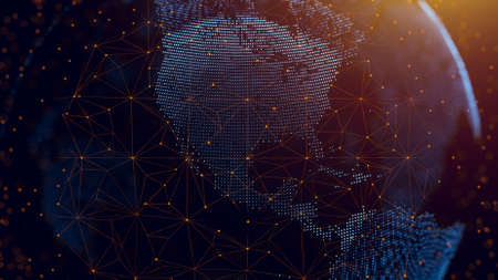 Dotted earth with a digital communication line. Global network connection around the globe....