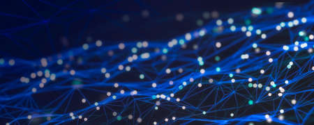 Abstract futuristic connecting dots and lines on dark blue background. Digital technology concept. Big data visualization. Digital dynamic wave of particles. 3D illustration.の写真素材