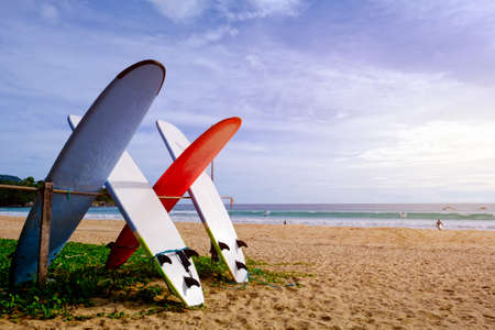 Surfboards available for rent on the beach. Phuket, Thailand.の写真素材