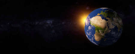 Panoramic view of the earth with sunlight and galaxy. Blue planet. The World Globe from Space....