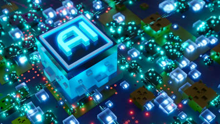Abstract computer digital chip processor and AI sign. Electronic components on circuit board....