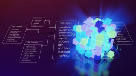 OLAP data cube database is placed on relational database tables. Concept of data analysis, OLAP Server, Business Intelligence BI, Key performance indicators KPI, Dashboard, SQL, MDX, 3D rendering.の写真素材