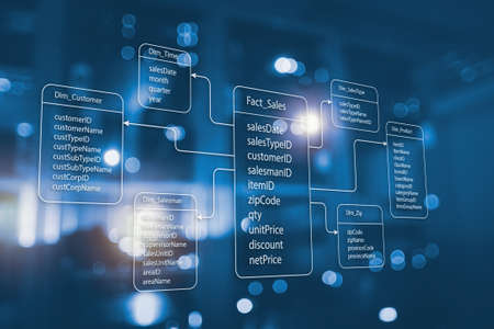 An example of the structure of relational database tables for storing data for analysis and server room background. Concept of data warehouse, Database OLAP Cube Server, Analysis, SQL, 3D rendering.の写真素材