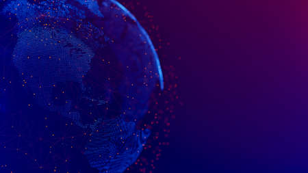 Dotted earth with a digital communication line. Global network connection around the globe. 
Futuristic technology concept. World wide web. The United States of America. 3D Rendering.の写真素材