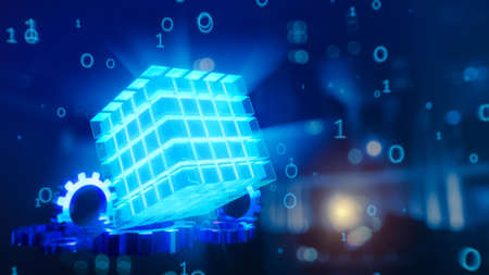 OLAP data cube database and server room background.  Concept of data analysis, OLAP Server, Business...