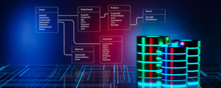 Panoramic view of multiple database with Relational database tables background. Concept of database...