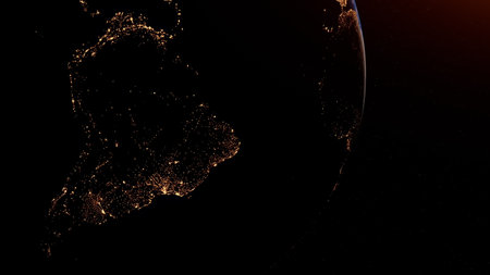 Day and night on Earth planet viewed from space showing the lights of South America. 3D rendering.