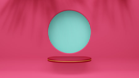 Red pedestal or stand podium for product display presentation with circle window and red wall with...