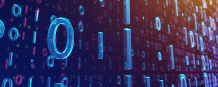 Panoramic view of Binary code on blue background. Abstract technology futuristic digital background. 3D illustrationの写真素材