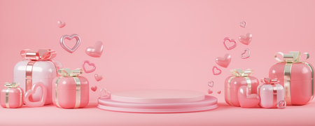 Panoramic view of Pink pedestal podium for product display presentation with gift box and balloon hearts on pink background. Happy valentine's day, Wedding and Anniversary concept. Mockup. 3D render.の写真素材
