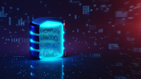 Square blocks or small cubes are collected in a database against a blue background. Concept of DBMS,...