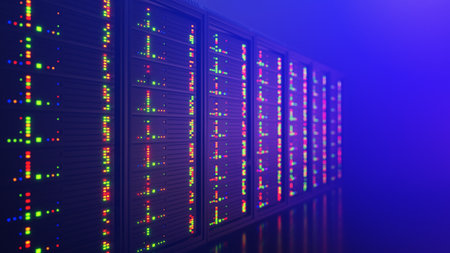 Server room with hardware racks and glowing lights. Data center, Web hosting services, Data storage, Database Server, Big data storage and cloud computing technology, Networking. 3d render.の写真素材