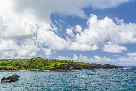 Waianapanapa State Park, home to a black beach, a popular destination on the Road to Hana on Maui, Hawaiiの写真素材