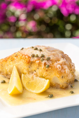Fresh Ono, or Wahoo, sauteed in a macadamia nut crust with capers and lemon sauceの写真素材
