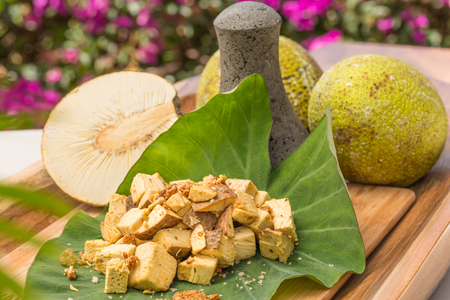 Prepared Ulu ready to be pounded into paiai by traditional Hawaiian methods
