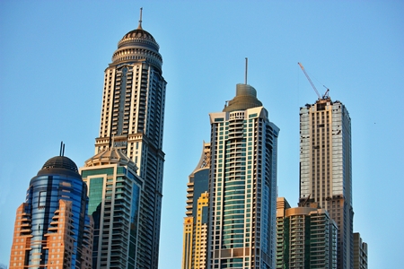 Skyscrapers in Dubai Marina at sunsetのeditorial素材