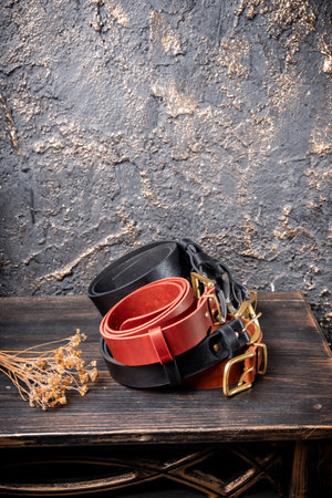 Six leather multi-coloured straps lie on a wooden table against a backdrop of vintage candles.の写真素材