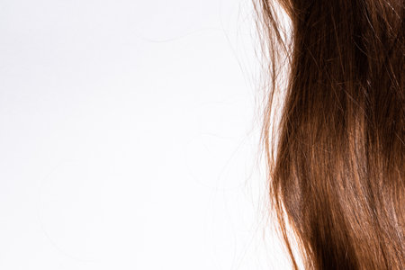 Dark long hair rests on a white backgroundの写真素材