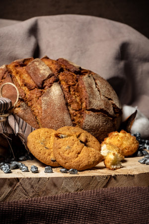 Pieces of broken biscuits lie on a wooden stump next to breadの写真素材