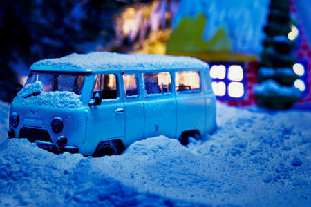 Model of the Russian car Uaz Bukanka at night in the snowの写真素材