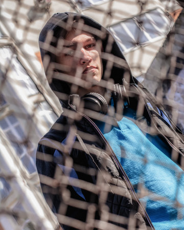 A young man in a blue T-shirt, hooded jacket and headphones around his neck stands behind a fence of mesh against the background of a high-rise building.の写真素材