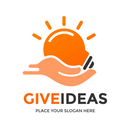 Give Ideas Logo Vector. This logo is design use lamp and hand symbol. Suitable for business, discussion.のイラスト素材