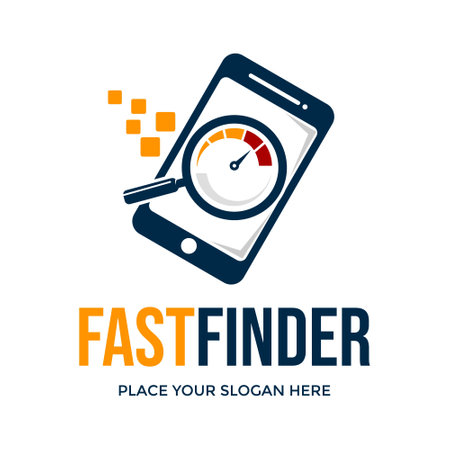 Fast Finder Logo Vector. This logo is design use magnifying glass, speed meter, and cellphone symbol. Suitable for search application.のイラスト素材
