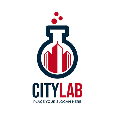 City Lab Logo Vector. This logo is design use beaker and building symbol. Suitable for business, government nutritionist and education.のイラスト素材