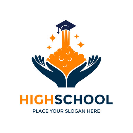 High school vector logo template. This design use hand and hat hat student symbol.のイラスト素材