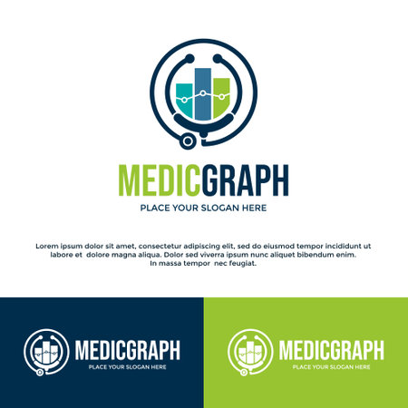 Medical data vector logo template. This design use stethoscope and graph bar symbol. Suitable for health or management.のイラスト素材
