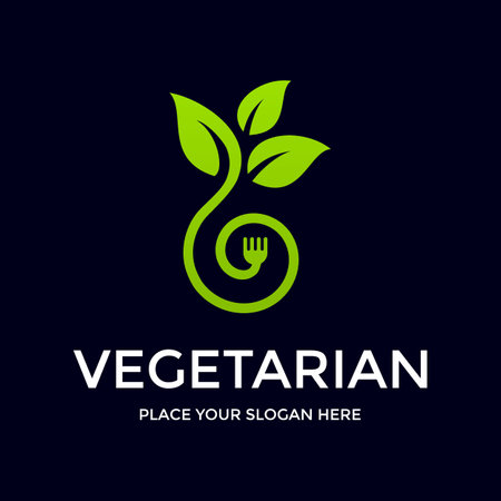 Vegetarian vector logo template. This design use leaf and fork symbol. Suitable for eat.のイラスト素材