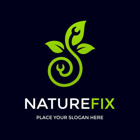 Nature fix vector logo template. This design use leaf and wrench symbol. Suitable for repair earth or environment.のイラスト素材