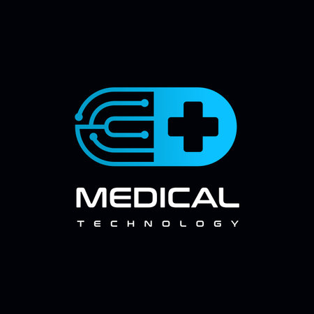 Capsule or medicine with technology and cross symbol vector logo.のイラスト素材
