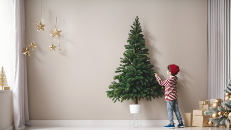 Cute little boy decorating christmas tree at home. Christmas conceptの素材