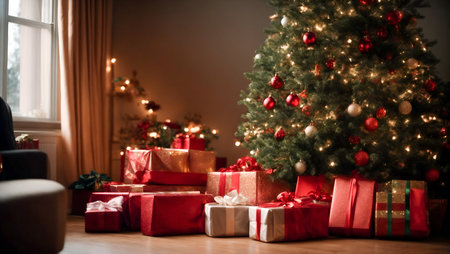 Christmas tree with presents at home in the living room. Christmas backgroundの素材