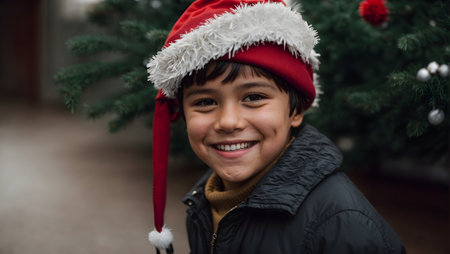 Portrait of smiling boy in santa hat standing by christmas treeの素材