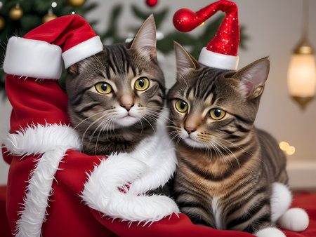 Two cats in Santa Claus hats. Christmas and New Year concept.の素材