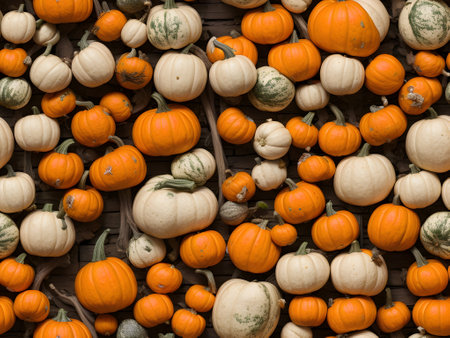 Colorful pumpkins on display at a farmers market in California.の素材