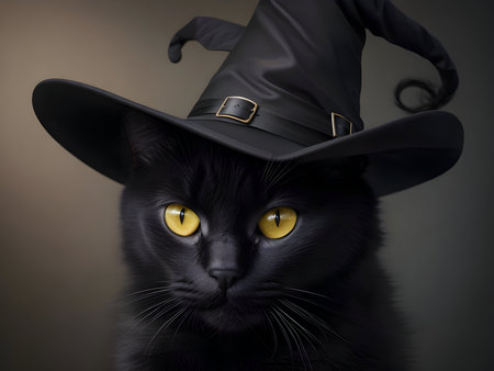 Black cat in a witch's hat on a dark background. Halloween.の素材
