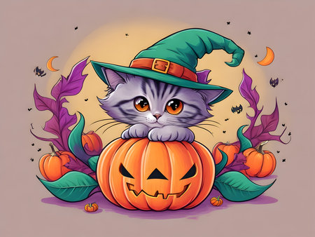 Cute cat in witch hat with pumpkin. Halloween vector illustration.の素材