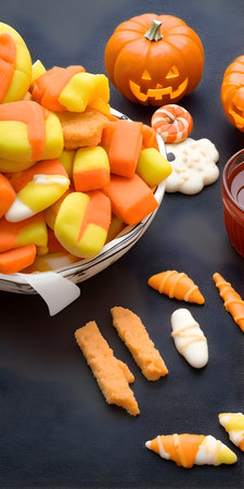 Halloween candies in a basket on a black background, horizontalの素材