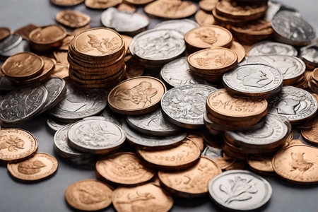 Pile of coins on dark background. Finance concept. Selective focus.AI generated imageの素材