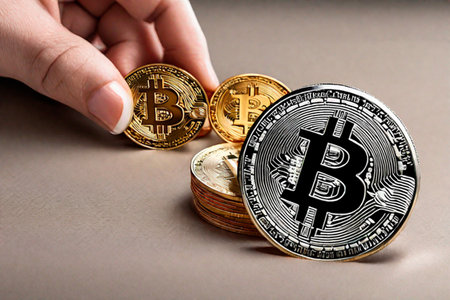 Cryptocurrency coin Bitcoin. Digital currency. Cryptocurrency concept.AI generated imageの素材