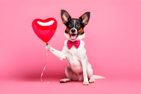 Funny dog with heart shaped balloon and bow tie on pink background. IA generativaの素材