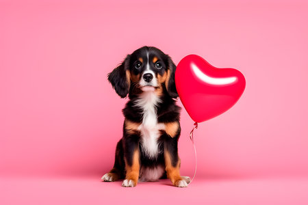 Cute puppy with red heart shaped balloon on pink background. Valentine's day concept.IA generativaの素材