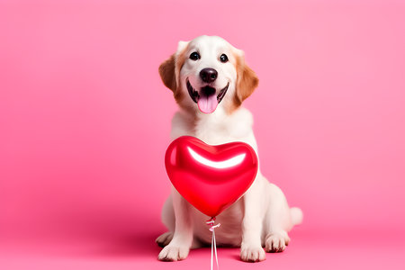 Cute dog with red heart shaped balloon on a pink background.IA generativaの素材