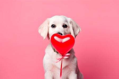Labrador retriever puppy with red heart shaped balloon on pink background. IA generativaの素材