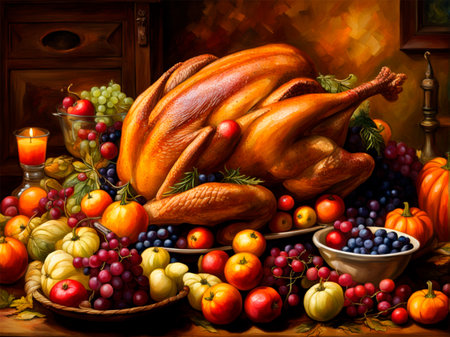 Thanksgiving day. Roasted turkey and autumn fruits on wooden tableの素材